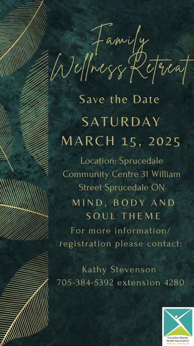 🌿 Save the Date! Family Wellness Retreat 🌿

March 15, 2025
 Sprucedale Community Centre, 31 William St, Sprucedale, ON

Prioritize wellness &amp; strengthen family bonds with our "Mind, Body, Soul" theme!

 Kathy: 705-384-5392 ext. 4280

#FamilyWellness #MindBodySoul #CMHAMPS