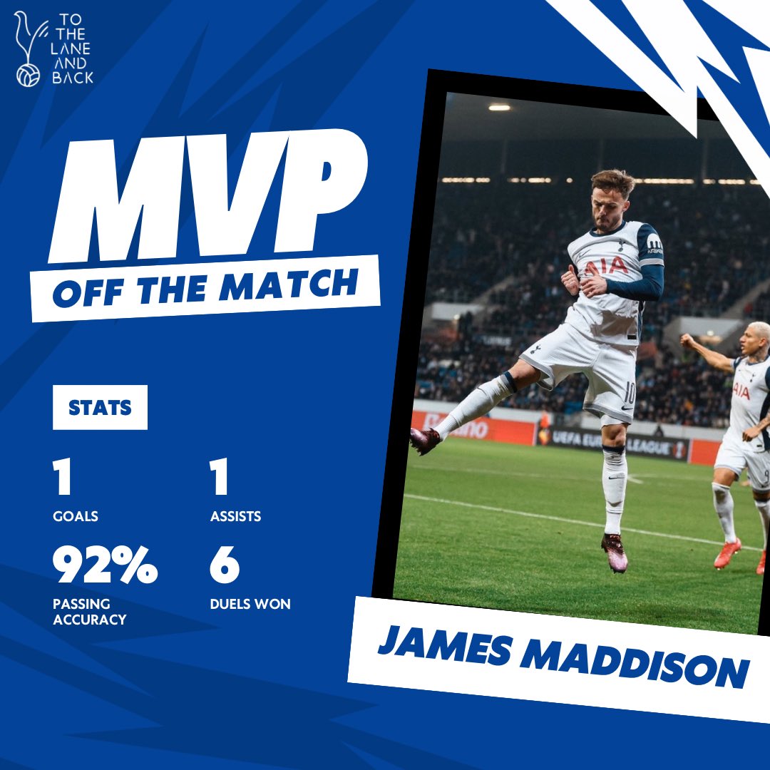 TheLaneAndBack's tweet photo. #Tothelaneandback MVP OF THE MATCH: James Maddison.
🗯️No. 10 stepping up!
#Spurs | #UEL | #COYS | #HOFTOT https://t.co/4hR7rO6Z7n