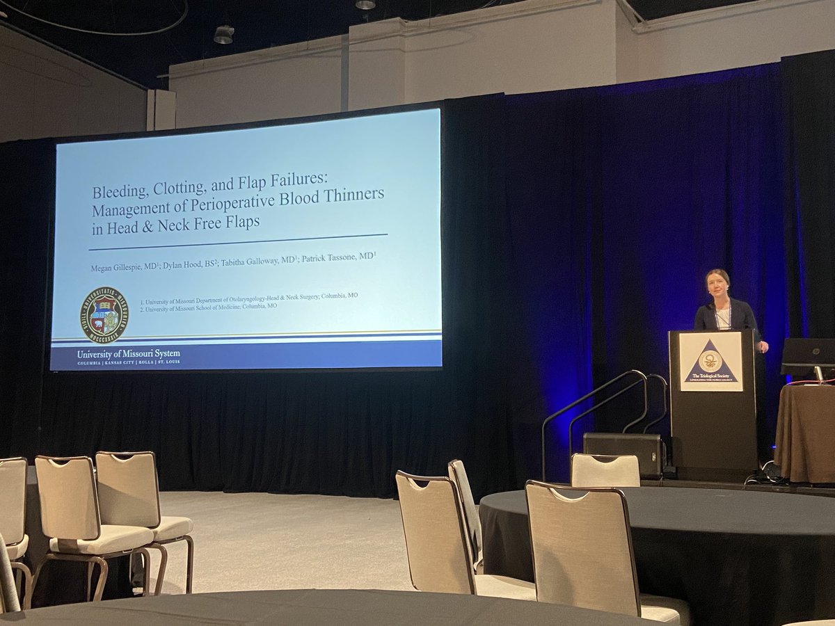Patrick Tassone MD (@tassonehns) on Twitter photo Proud to mentor Dr. Megan Gillespie PGY3 <a href="/MizzouENT/">MizzouENT</a> resident on our investigation into perioperative blood thinner management in H&N free flaps. Great podium presentation at <a href="/Triological/">The Triological Society</a> combined meeting! Proud to mentor Dr. Megan Gillespie PGY3 <a href="/MizzouENT/">MizzouENT</a> resident on our investigation into perioperative blood thinner management in H&N free flaps. Great podium presentation at <a href="/Triological/">The Triological Society</a> combined meeting!
