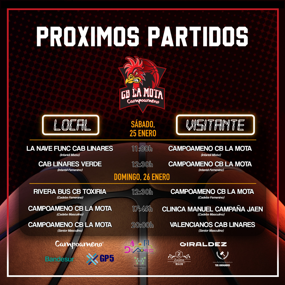 🏀🎉 ¡FINDE DE BASKET! 📣🔥
Este sábado y domingo, ven a vivir la emoción del baloncesto con CB LA MOTA. Nuestro Pabellón Municipal será el escenario de esperamos, ¡muchas victorias! 💪🏼 Ven, apoya y disfruta del mejor baloncesto local 🏀✨
.
#cblamota #baloncesto #basket #jaen