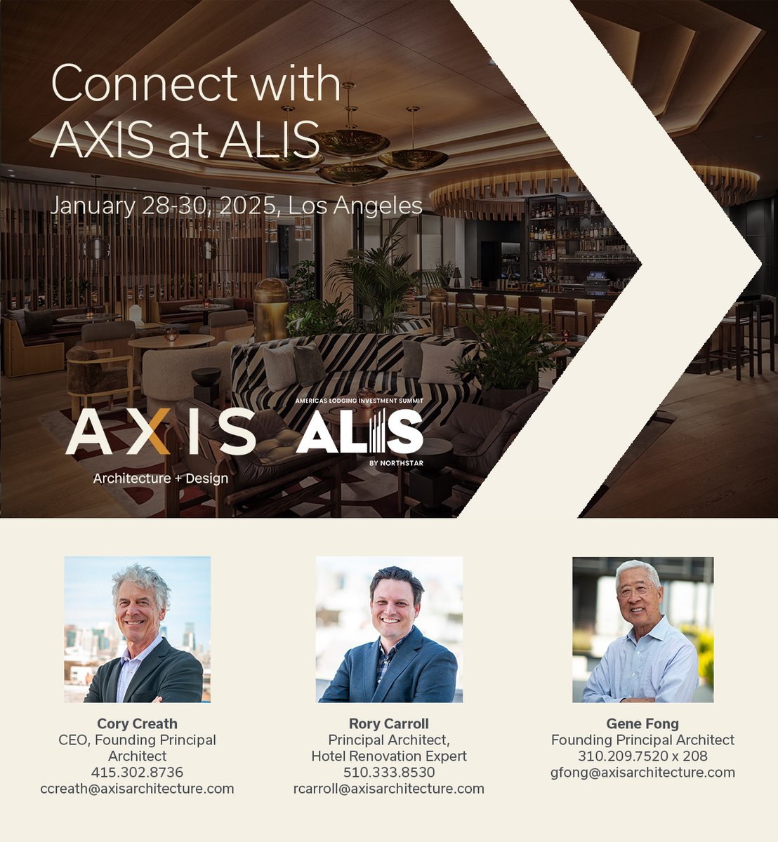 AXISArchDesign's tweet image. AXIS is excited to be attending The Americas Lodging Investment Conference (ALIS), January 28 through 30 at the JW Marriott/Ritz-Carlton Los Angeles L.A. LIVE.

If you’ll be attending, we’d love to catch-up or get introduced over a coffee or a cocktail. linkedin.com/feed/update/ur…