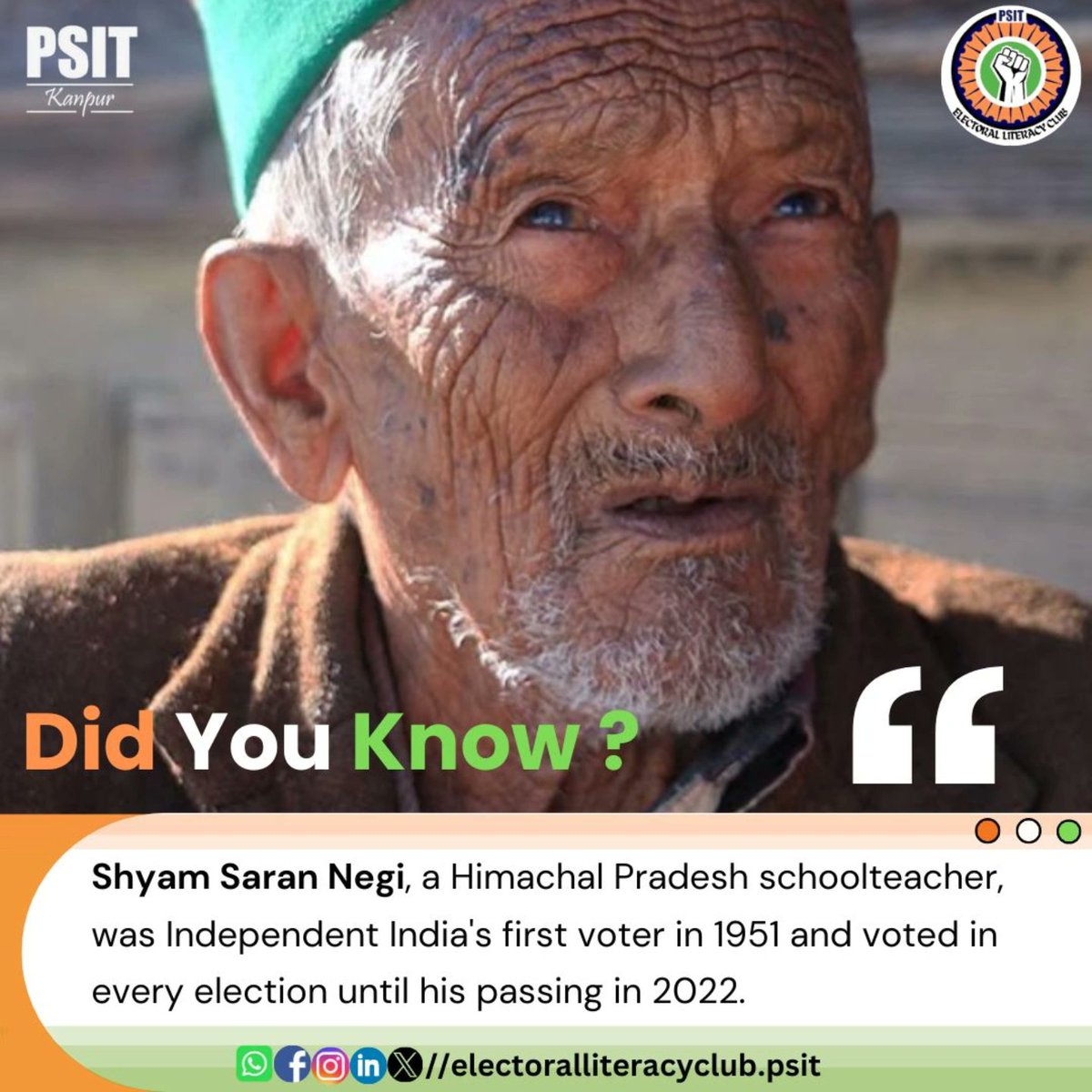 ELC_CLUB_PSIT's tweet photo. 🇮🇳✨Shyam Saran Negi, the FIRST voter of independent India! 🗳️ A schoolteacher from Himachal Pradesh, he cast his vote in 1951 and continued this legacy till 2022. An inspiring symbol of democracy and dedication!🙌❤️
 #IndianDemocracy #FirstVoter #ShyamSaranNegi
#ELC #PSIT https://t.co/QeaCmbk0ux