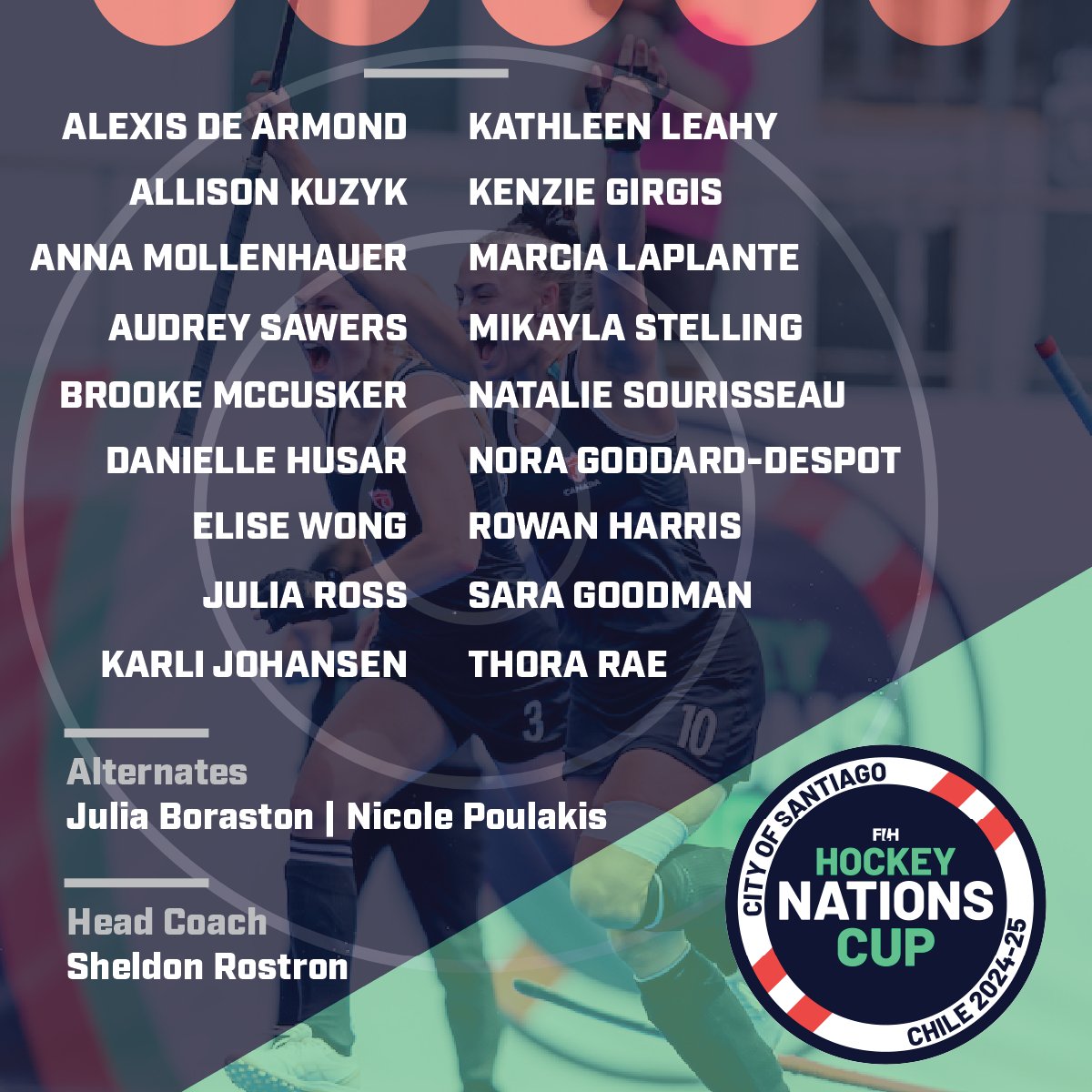 Field Hockey Canada (@fieldhockeycan) on Twitter photo Field Hockey Canada is excited to announce the Women's National Team roster for the 2025 <a href="/FIH_Hockey/">International Hockey Federation</a> Nations Cup taking place in Chile February 23-March 2.
Roster & full story:
fieldhockey.ca/womens-nationa…
#FIHNationsCup #RiseToTheTop #FHCTeamofTeams Field Hockey Canada is excited to announce the Women's National Team roster for the 2025 <a href="/FIH_Hockey/">International Hockey Federation</a> Nations Cup taking place in Chile February 23-March 2.
Roster & full story:
fieldhockey.ca/womens-nationa…
#FIHNationsCup #RiseToTheTop #FHCTeamofTeams