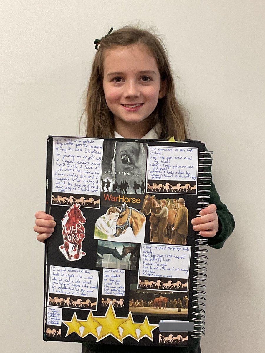 CheswickGreenPS's tweet photo. We love seeing how excited our children are to read and the passion they put into their class reading scrapbooks. Well done to Elsie this week who has created such a persuasive, engaging page so her class will read Michael Morpurgo’s classic, War Horse 📖
#childrensbooks https://t.co/jRG9pbWfXS
