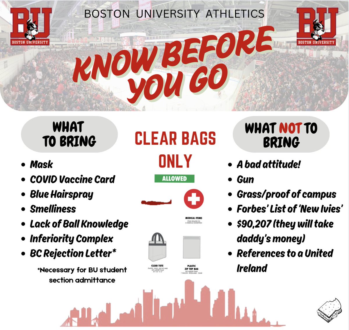 🏟️Planning to attend tomorrow's Battle of Comm Ave?

🏠Here's everything you need to know before arriving at Agganis Arena!

#GoBU🐾