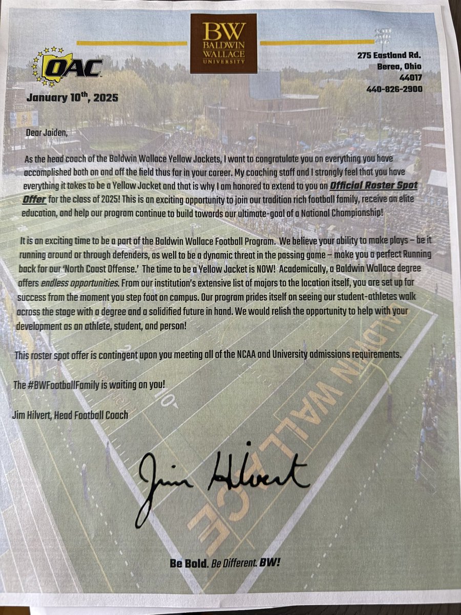 jai65723729's tweet photo. After a great Visit at Baldwin Wallace University i am blessed to have received my first offer to play at @BWFootball_ . Thank you @CoachHilvert @AndrewCregan16 and the rest of the coaching staff for the opportunity. https://t.co/OIjDdAMQfF