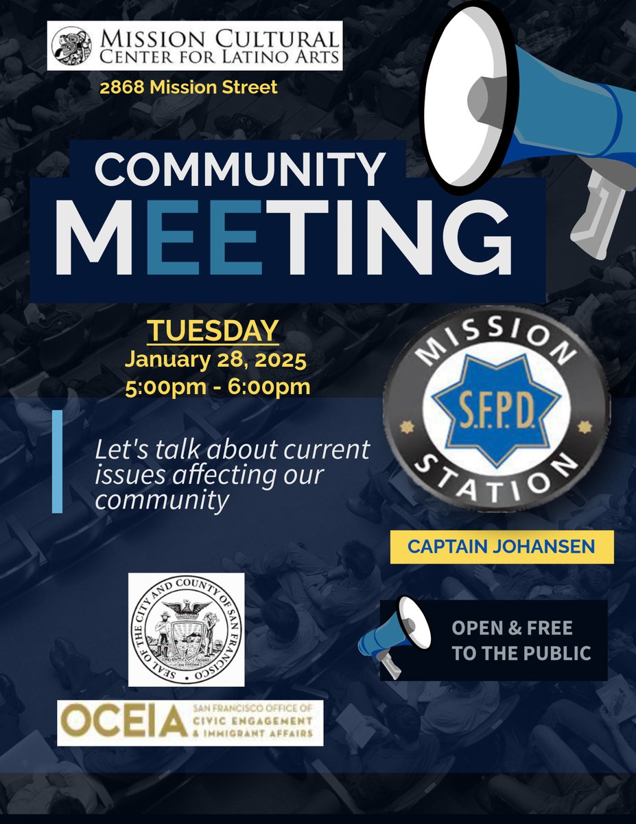 SFPD Mission Station (@sfpdmission) on Twitter photo Please join us for Mission Station's first community meeting of 2025!
Tuesday, January 28th
5pm-6pm
Mission Cultural Center for Latino Arts
2868 Mission Street
<a href="/SFPD/">San Francisco Police</a> Please join us for Mission Station's first community meeting of 2025!
Tuesday, January 28th
5pm-6pm
Mission Cultural Center for Latino Arts
2868 Mission Street
<a href="/SFPD/">San Francisco Police</a>