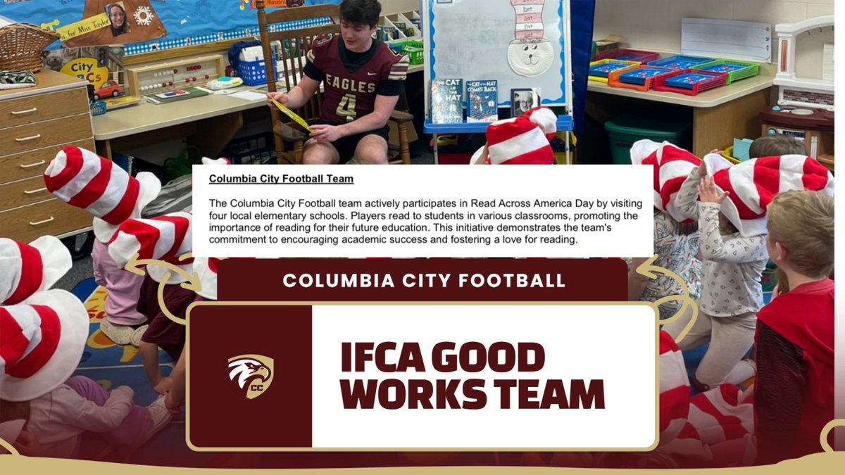 CCE_Football's tweet photo. Proud of our team for being named to the IFCA Good Works Team for their work volunteering within our community.  This year they were recognized their Read Across America Day participation at our elementary schools! #EMAE https://t.co/cEs6ql6qzF