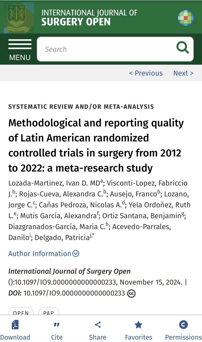 Último!🐯🦾
Estudio de metainvestigación, se realizó incluyendo más de 80 ECA’s  en cirugía general y subespecialidades, que fueron publicados entre 2012 a 2022 en LATAM

journals.lww.com/ijsopen/abstra…
