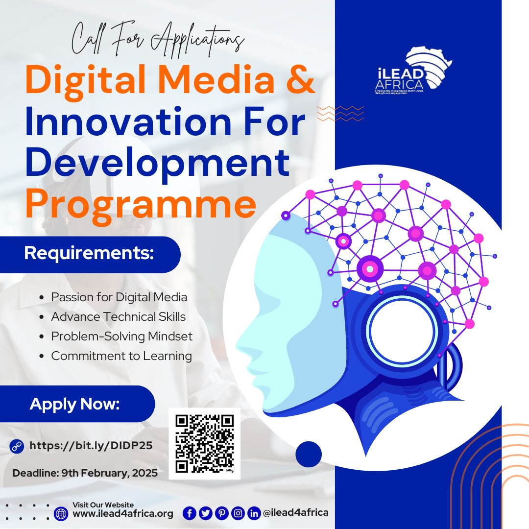 ilead4africa's tweet photo. Apply for the Digital Media & Innovation for Development Programme #DIDP by iLEAD AFRICA! Gain training, mentorship, & internship opportunities to leverage your digital skills for social impact. Deadline: 09th Feb,. Apply now: https://t.co/RpQjB7XrJv.
#iLeadAfrica #DigitalMedia https://t.co/q9C9Jt2INI