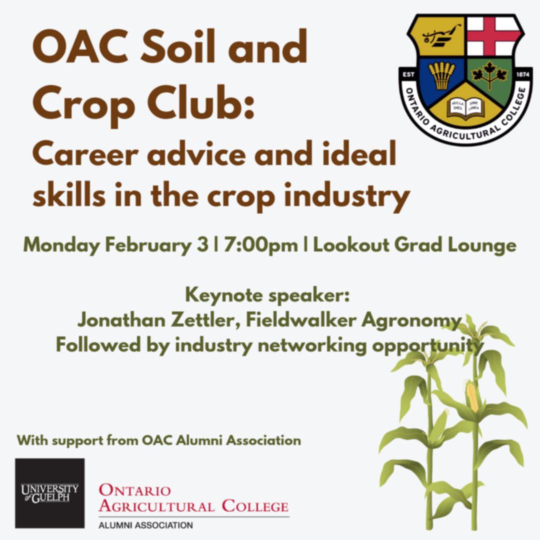 Join us for a night of networking with current OAC Soil &amp; Crop Club members! 🌱✨ The students are excited to invite all alumni to come connect, share their wisdom, &amp; enjoy a guest speaker with them Monday Feb 3rd. Don't miss this chance to catch up &amp; inspire the next generation!