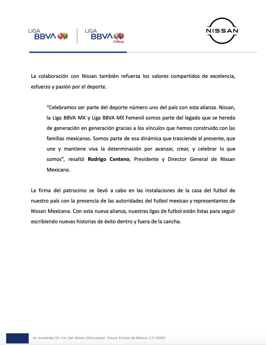 Este jueves, la <a href="/LigaBBVAMX/">Liga BBVA MX</a> y la <a href="/LigaBBVAFemenil/">LigaBBVAFemenil</a> presentan a <a href="/Nissan_mx/">Nissan México</a> como nuevo patrocinador oficial 🚙⚽. 

¡Bienvenidos! 🤝🏻