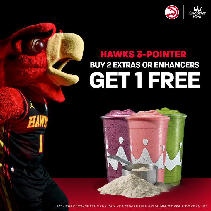 For 3! 🥤 Hawks fans – You can buy 2 enhancers or extras and get 1 free at any Atlanta <a href="/SmoothieKing/">Smoothie King</a> location, including our kiosk in <a href="/StateFarmArena/">State Farm Arena</a>.