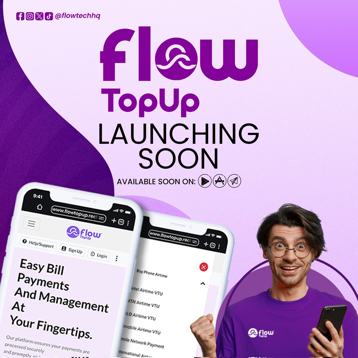FlowTechHQ's tweet image. Get ready to flow!
We're excited to introduce Flow TopUp, your new go-to for seamless phone top-ups. Say goodbye to recharge hassles!
Stay tuned for our launch coming soon! 
linktr.ee/flowtopup/
#Flowtechgroup #FlowTopUp #ComingSoon