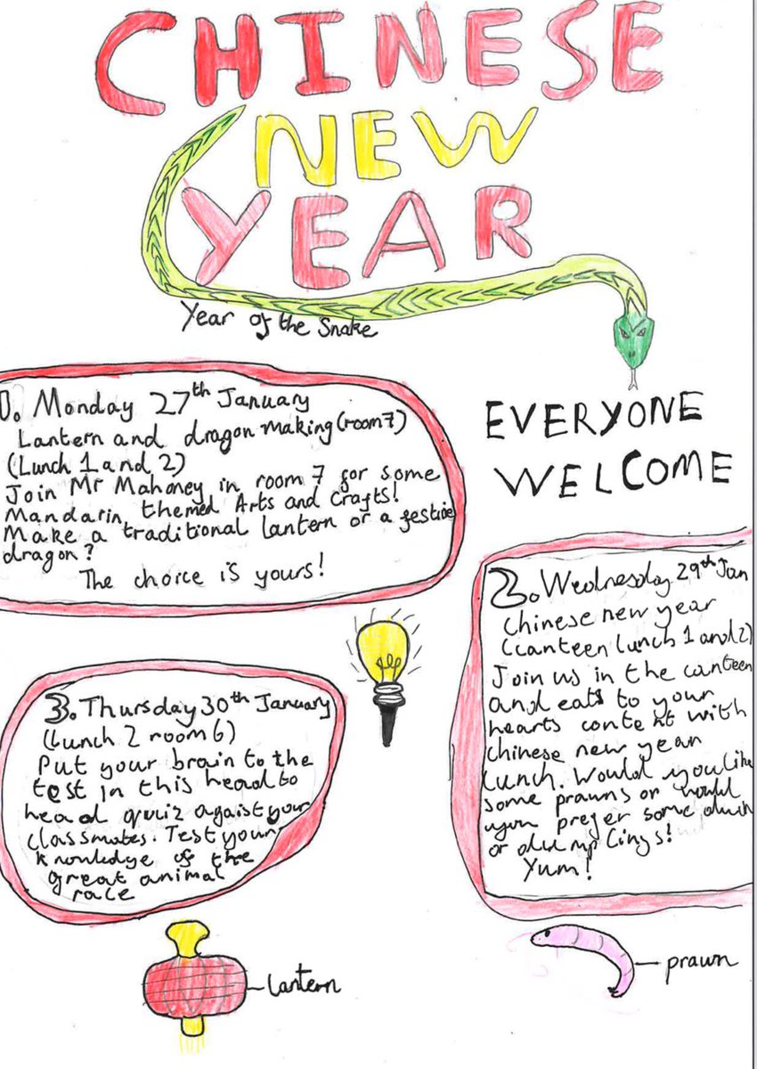 Mandarin at St Birinus School (@sbs_mandarin) on Twitter photo Next week is our Chinese New Year celebration week and we’re excited to be hosting paper lantern and dragon making sessions, a Chinese quiz, and New Year’s lunch to celebrate #YearOfTheSnake 🐍
Well done to Huw (Y7) on his fantastic poster!
#SBSPride <a href="/MEP_Excellence/">Mandarin Excellence Programme</a> Next week is our Chinese New Year celebration week and we’re excited to be hosting paper lantern and dragon making sessions, a Chinese quiz, and New Year’s lunch to celebrate #YearOfTheSnake 🐍
Well done to Huw (Y7) on his fantastic poster!
#SBSPride <a href="/MEP_Excellence/">Mandarin Excellence Programme</a>
