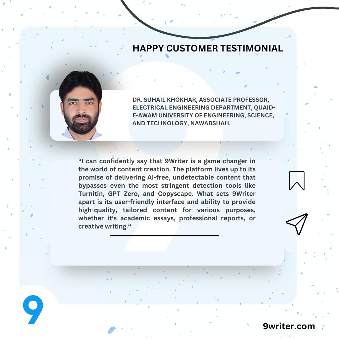 9WriterOfficial's tweet photo. Honored to receive such wonderful feedback from our valued client, Dr. Suhail Khokhar, Associate Professor, Electrical Engineering Department, Quaid-e-Awam University of Engineering, Science, and Technology, Nawabshah! https://t.co/N36bzj4ZsK