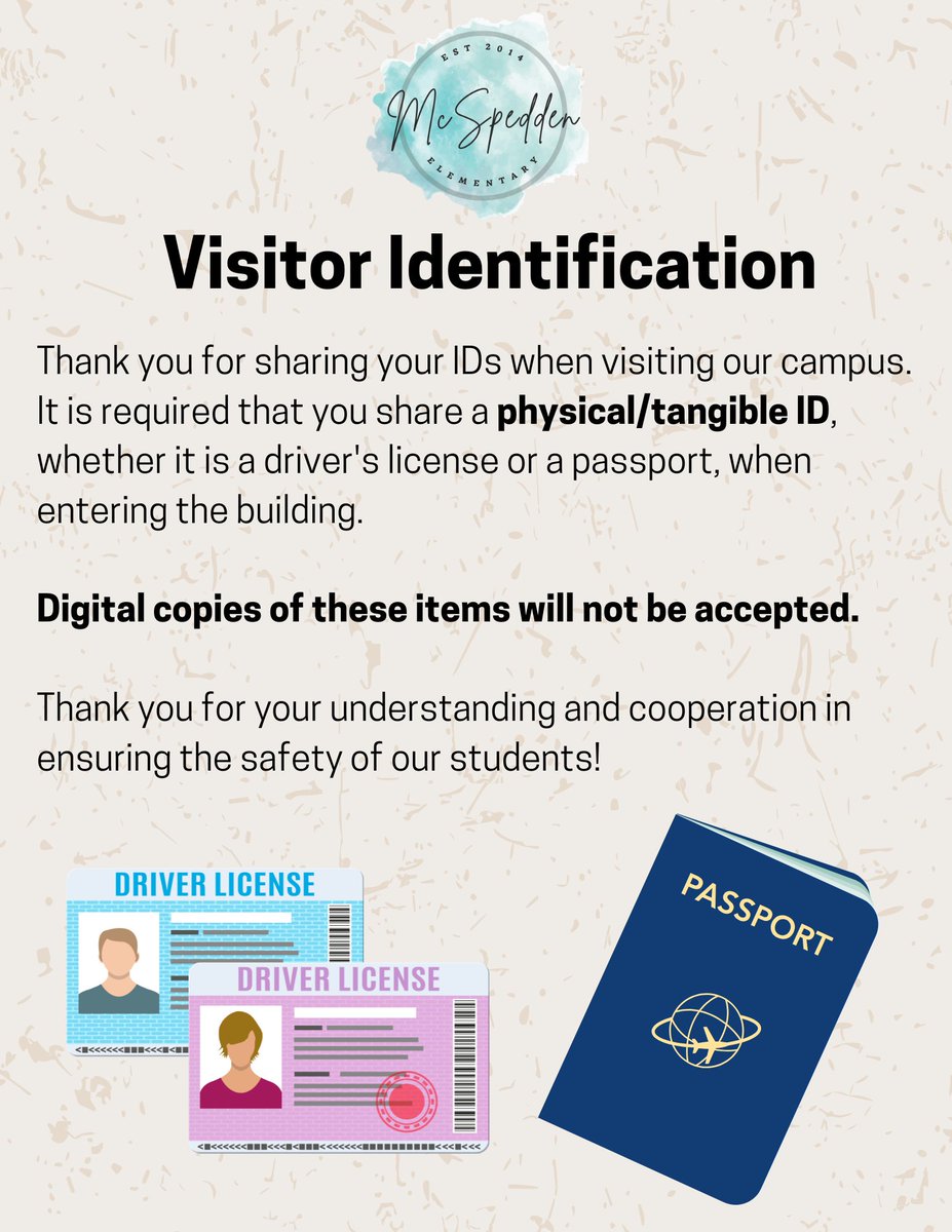 McSpeddenES's tweet photo. Please keep in mind that when entering the building, it is required to provide a physical/tangible ID (digital copies will not be accepted). Thank you for your understanding and cooperation in ensuring the safety of our students! https://t.co/rkWYRwRiUF
