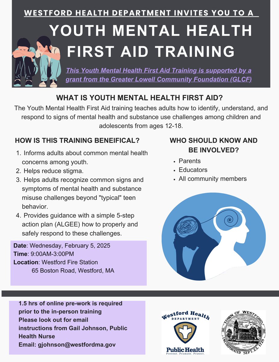 Westford Health Department is offering a Youth Mental Health First Aid training in February. Please see the flyer and share with educators, parents, and community members. #mentalhealth #mentalhealthawareness #TewksburyMA #WestfordMA #ChelmsfordMA #BillericaMA #TyngsboroughMA