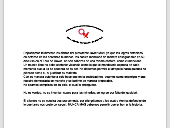 _aradicalddhh's tweet photo. Repudiamos totalmente los dichos del presidente Javier Milei, ya que los logros obtenidos en defensa de los derechos humanos, los cuales mencionó de manera desagradable en su discurso en el Foro de Davos, no son cabezas de una misma criatura, como él menciona.
Hilo👇🏽 https://t.co/fISH1IOPgr