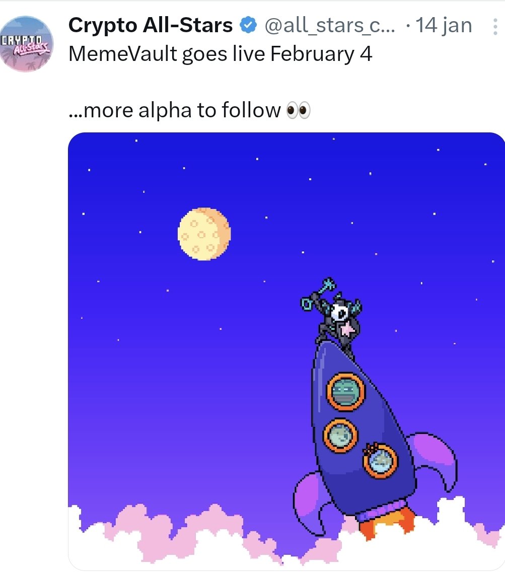 xelbo_crypto's tweet photo. Crypto All-Stars is about to shake the entire meme coin space.

They've developed the first EVER "MemeVault". The #Memevault is a staking protocol that allows you to earn $STARS tokens by vaulting popular meme coins. https://t.co/RQ8LyUbbbF