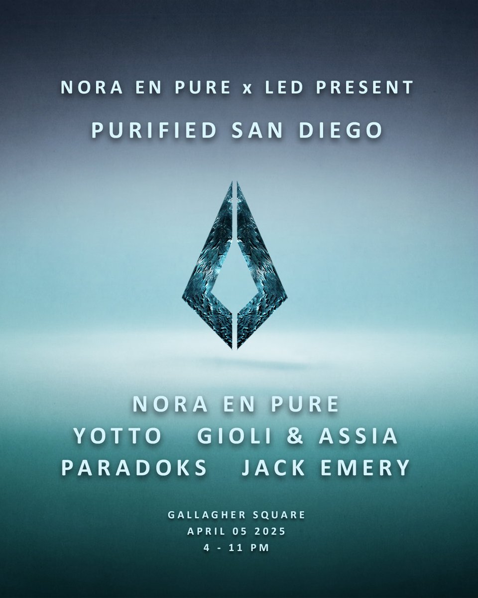 LEDpresents's tweet photo. The full #PurifiedSanDiego lineup has landed 🌊

Joining @NoraEnPure is @yottomusic, @gioliandassia, @Paradoks_music &amp; Jack Emery at Gallagher Square 💙

Tickets are now on sale for only $19 down — but hurry, layaway will be closing soon!

Get Tix: https://t.co/f2nMJqDnz9 https://t.co/oHrBTl6XPA