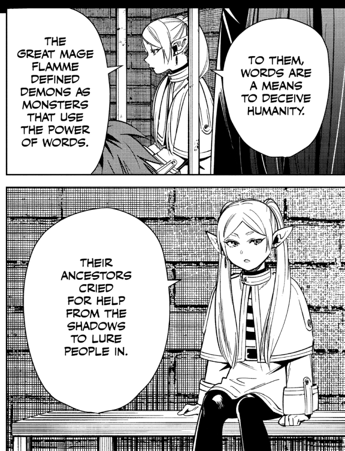 Jetblackjay on X: Both of yall didn't read the Manga Frieren says the main  issue is that the path to humans and demons co existing would literally  result in a lot of