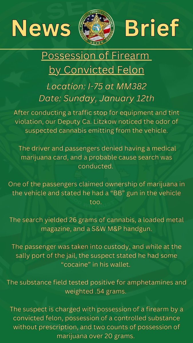 After a traffic stop on the interstate, our deputy arrested and charged a convicted felon with possession of a firearm. #ICYMI