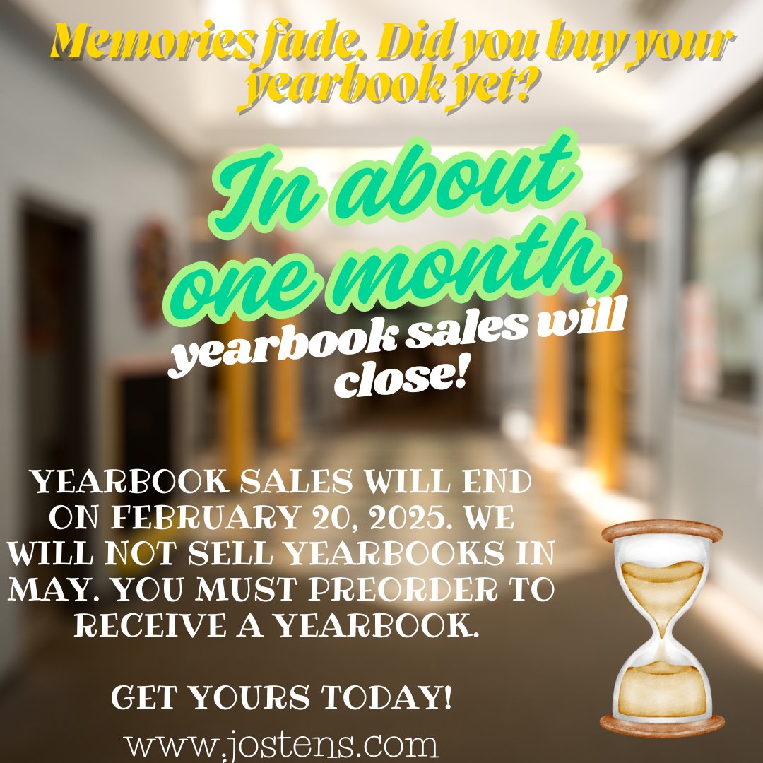 You have about ONE more month to buy your Autumn Ridge yearbook for 2024-2025. After February 20, 2025, no more yearbooks will be sold for this year! Get yours today at jostens.com before the deadline passes.