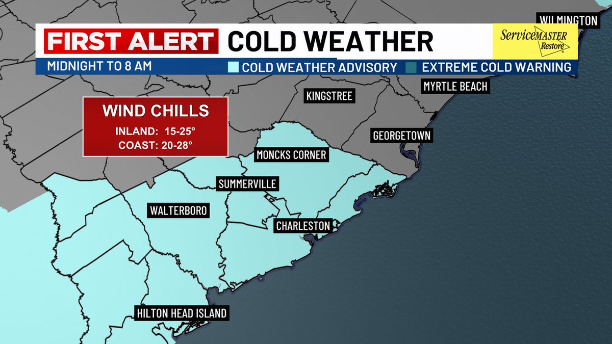 FIRST ALERT: A "Cold Weather Advisory" is in effect for the Charleston Tri-County and Colleton County beginning at midnight tonight. Wind chills (and overnight lows) could fall into the upper-teens and 20s, which will be concerning for refreezing of area roads after dusk. #SCWX