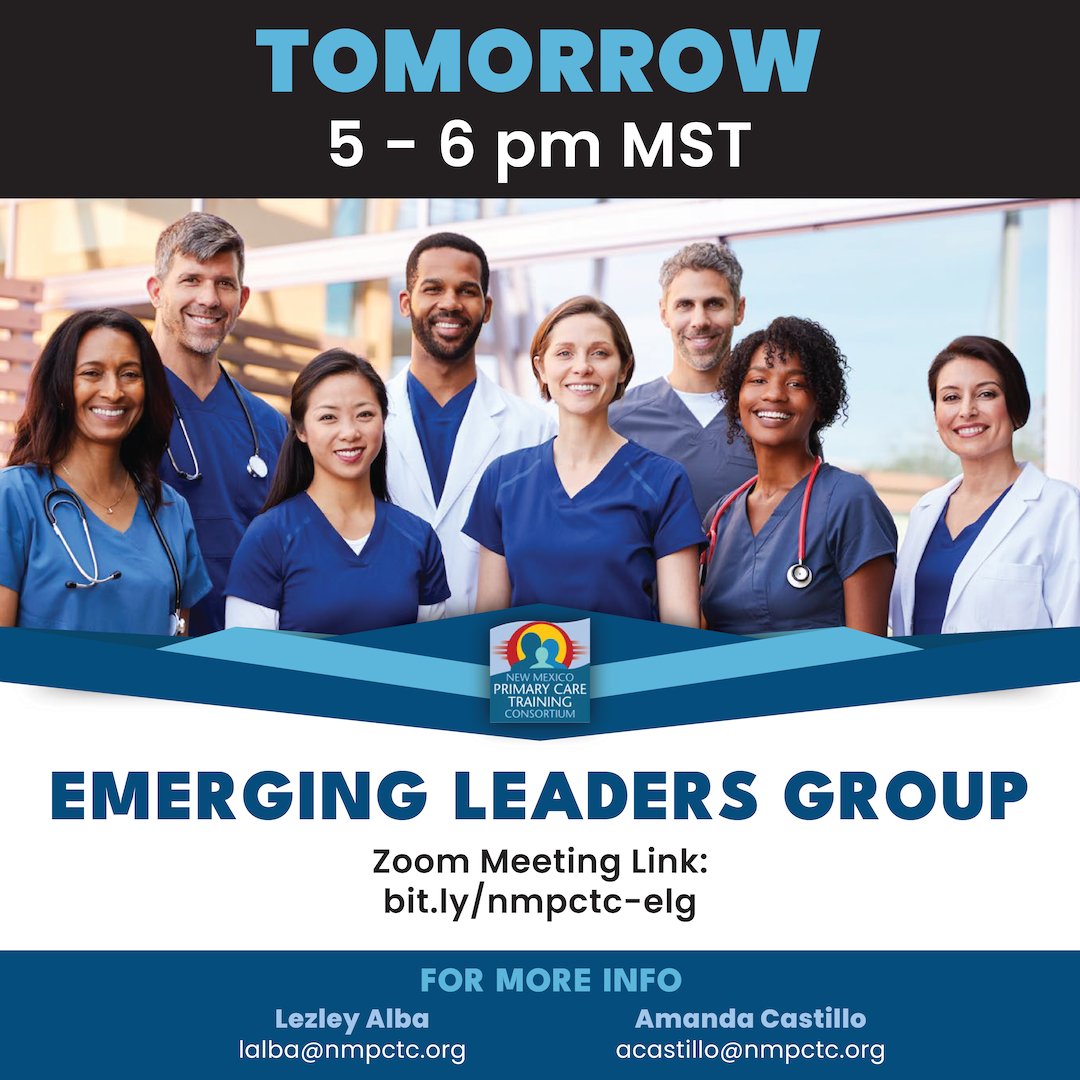 NMPCTC's tweet photo. Calling all future primary care leaders: Join us TOMORROW at 5 pm MST for our Emerging Leaders Group callout meeting! Residents & med students invited!
Contact us for more info!
#PrimaryCare #ResidentTraining #MedTwitter #MedStudent #AcademicMedicine #Match2025
@Inside_TheMatch https://t.co/Z1On6SzYrY