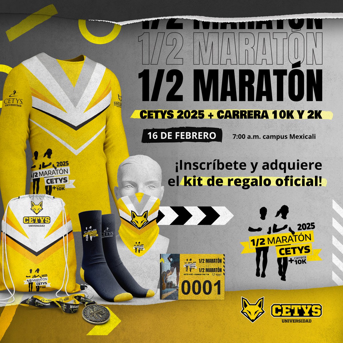 ZorrosCetys's tweet photo. FALTAN 3 SEMANAS

Conoce el kit de la Media Maratón de CETYS Universidad para esta próxima edición:

* Camiseta manga larga Dry-Fit
* Bandana
* Número de corredor
* Chip electrónico
* Calcetas de compresión
* Mochila
* Medalla letra "S"

INSCRIPCIONES ABIERTAS | #GoZorros https://t.co/faNKqYHqWO