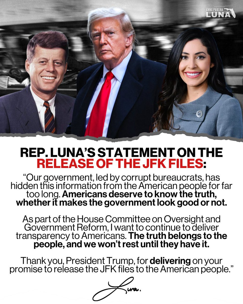 <a href="/NewsWire_US/">NewsWire</a> Thank you, <a href="/POTUS/">President Donald J. Trump</a> <a href="/realDonaldTrump/">Donald J. Trump</a>, for delivering on your promise to declassify and release the JFK files to the American people.