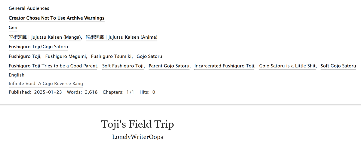 And here is my last submission for <a href="/Gojovoidbang/">InfiniteVoidBang</a> working with the amazing <a href="/tododoodles/">Tododoodles</a>  !!! Their work will be linked down below! Are you excited to join Toji's field trip? 
archiveofourown.org/works/62448979