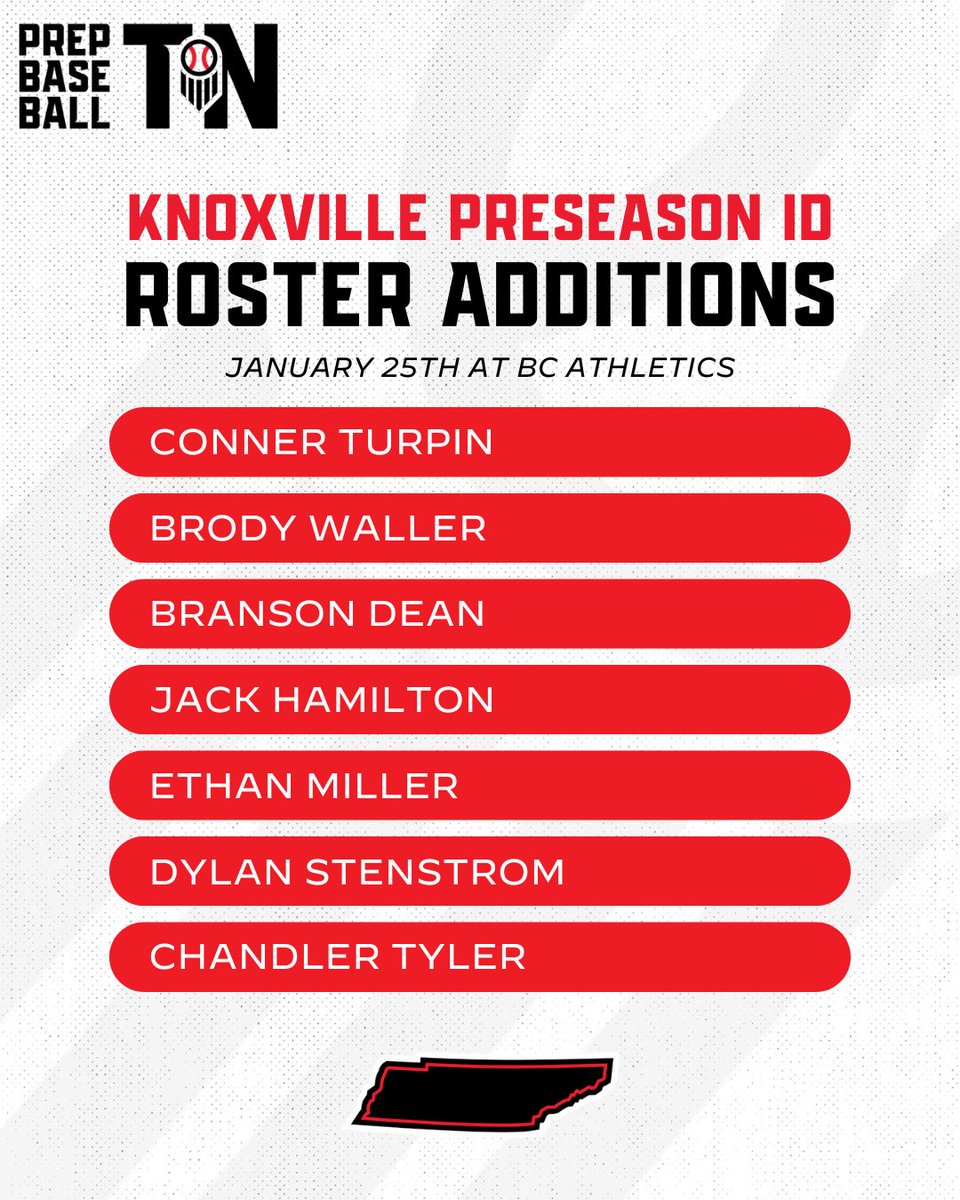Prep Baseball Tennessee (@prepbaseballtn) on Twitter photo #𝗞𝗻𝗼𝘅𝘃𝗶𝗹𝗹𝗲𝗜𝗗𝟮𝟱: 𝗥𝗢𝗦𝗧𝗘𝗥 𝗔𝗗𝗗𝗜𝗧𝗜𝗢𝗡𝗦 ✅
+ We would like to welcome the following the players who will be attending the Knoxville Preseason ID that will be held at BC Athletics on January 25th.
▪️ <a href="/connert0212/">Conner Turpin</a>
▪️ <a href="/BrodyWaller1/">Brody Waller</a>
▪️ Branson Dean
▪️ #𝗞𝗻𝗼𝘅𝘃𝗶𝗹𝗹𝗲𝗜𝗗𝟮𝟱: 𝗥𝗢𝗦𝗧𝗘𝗥 𝗔𝗗𝗗𝗜𝗧𝗜𝗢𝗡𝗦 ✅
+ We would like to welcome the following the players who will be attending the Knoxville Preseason ID that will be held at BC Athletics on January 25th.
▪️ <a href="/connert0212/">Conner Turpin</a>
▪️ <a href="/BrodyWaller1/">Brody Waller</a>
▪️ Branson Dean
▪️
