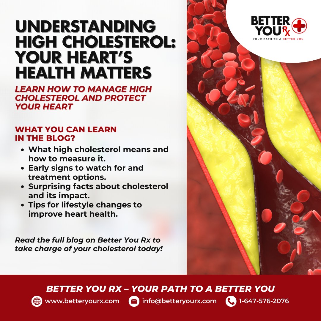 betteryourxx's tweet image. High cholesterol can harm your heart, but it’s manageable! 💙 Learn the signs, causes &amp;amp; treatments in our latest blog. Take charge of your health with Better You Rx! 🛒 Read more: betteryourx.com/understanding-…
#HeartHealth #CholesterolTips