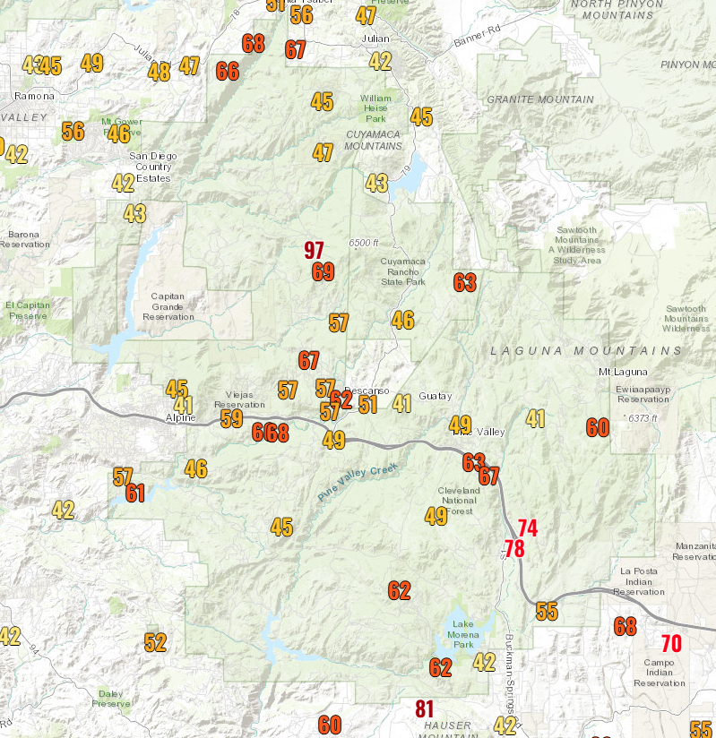 Here is a look at sites with wind gusts over 40 mph today along the I-8 corridor. Key spots included winds around 75 mph near Buckman Springs and 97 mph at Sill Hill. Stay safe out there!