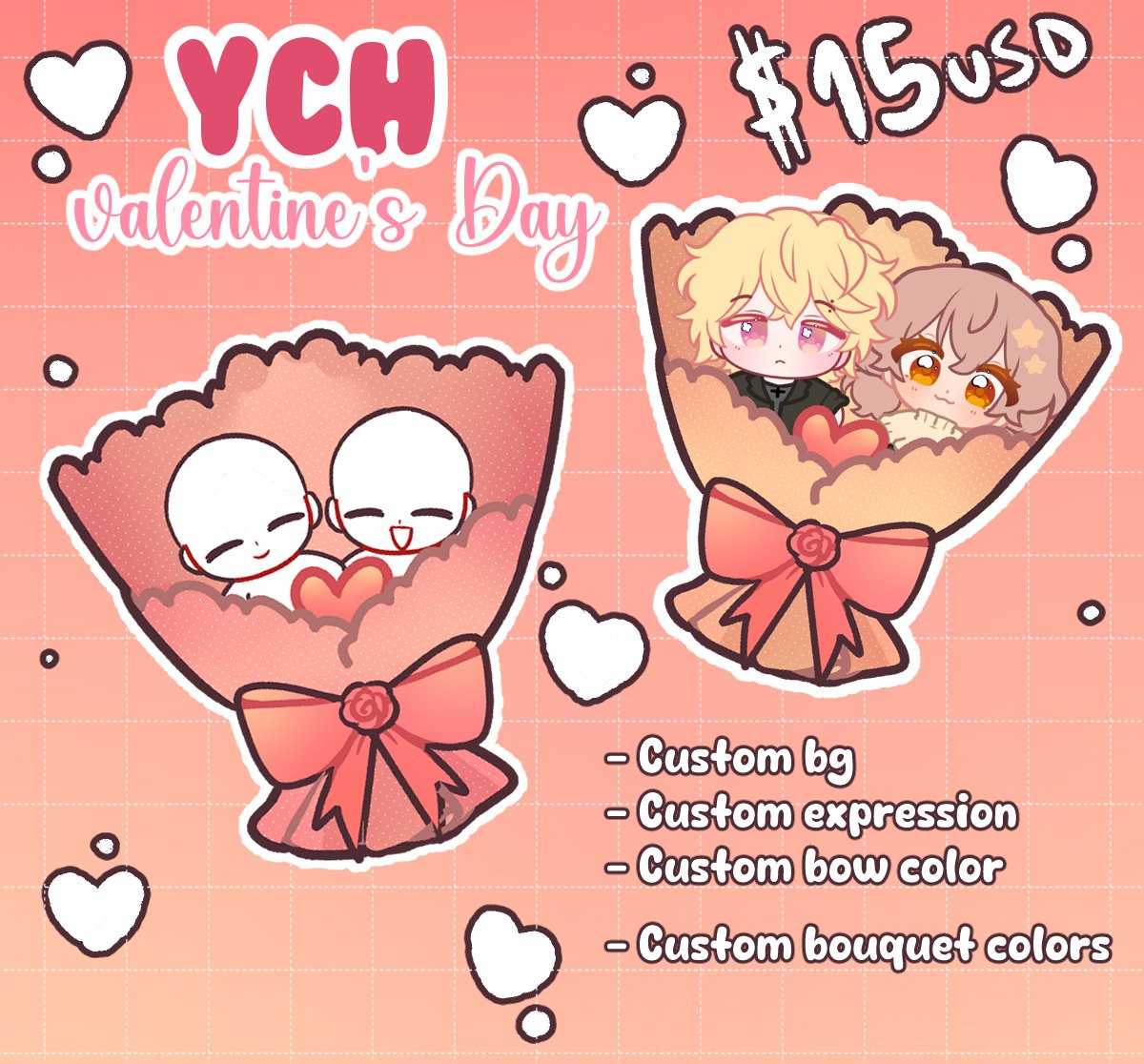 #YCH #ValentinesDay 
 I offer this YCH for valentine's day!
⭐️ Every order has a custom color option included!
⭐️ Furry, oc x canon, real people available!
⭐️ Payment via Paypal!
⭐️unlimited slots until Valentine's
⭐️ Turnaround time one week after sketch has been delivered!