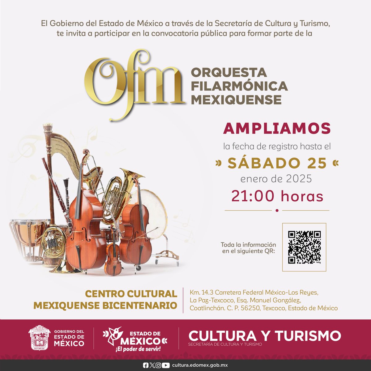 Secretaría de Cultura y Turismo (@culturaedomex) on Twitter photo Hemos ampliado la fecha de registro para la convocatoria de la <a href="/OFMexiquense/">FilarmonicaMexiquense</a> 🎻🎼 del <a href="/ccmbcultura/">Centro Cultural MB</a>, ¡Aún estás a tiempo!
📅Tienes hasta el 25 de enero a las 21:00 horas.
No pierdas la oportunidad de formar parte de esta increíble orquesta.
#ElPoderDeServir Hemos ampliado la fecha de registro para la convocatoria de la <a href="/OFMexiquense/">FilarmonicaMexiquense</a> 🎻🎼 del <a href="/ccmbcultura/">Centro Cultural MB</a>, ¡Aún estás a tiempo!
📅Tienes hasta el 25 de enero a las 21:00 horas.
No pierdas la oportunidad de formar parte de esta increíble orquesta.
#ElPoderDeServir