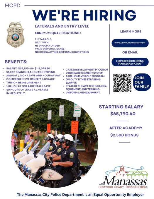 ManassasCityPD's tweet photo. WE'RE HIRING!!! Do you want a career with a chance to make a difference in our community?  Encouraged to exercise while on duty &amp; being paid , 40 hours of leave available immediately , And much more!  APPLY TODAY  Online:   https://t.co/nUgQVnnHps: MCPDRecruitment@manassasva.gov https://t.co/yLBfWDlEpi