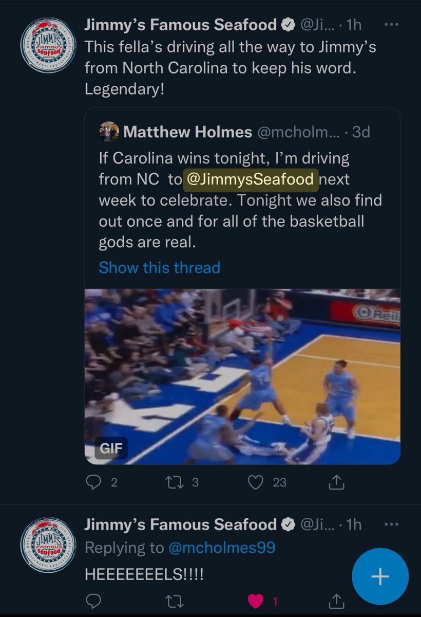 mcholmes99's tweet photo. @JimmysSeafood My epic Tar Heel pilgrimage in 2022 from NC to keep my promise to @JohnMinadakis and the basketball gods.  Also responsible for ending Coach K’s career, so there’s that. https://t.co/LtpWUkEH32