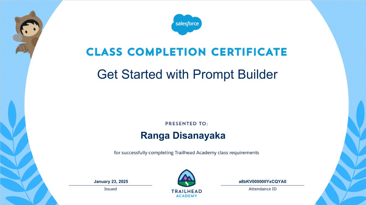hmdranga's tweet photo. 🌟 Excited to Share!
Just attended the Get Started with Prompt Builder class! Learned how to craft effective AI prompts to enhance workflows. Loving the journey! 🌟
#PromptBuilder #TrailblazerCommunity #hmdranga @trailhead @salesforce #TrailheadAcademy https://t.co/oMBOy5KEcV