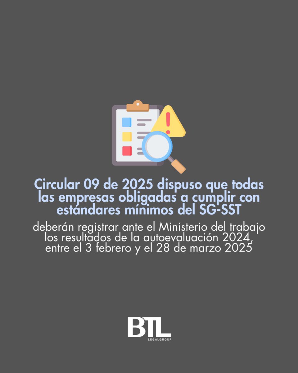 BTLLegalGroup's tweet photo. Ministerio del trabajo definió plazo para registrar durante el año 2025, los resultados de la autoevaluación de estándares mínimos del año 2024

https://t.co/3wb3CXylN7 https://t.co/9UbvPhbxIi