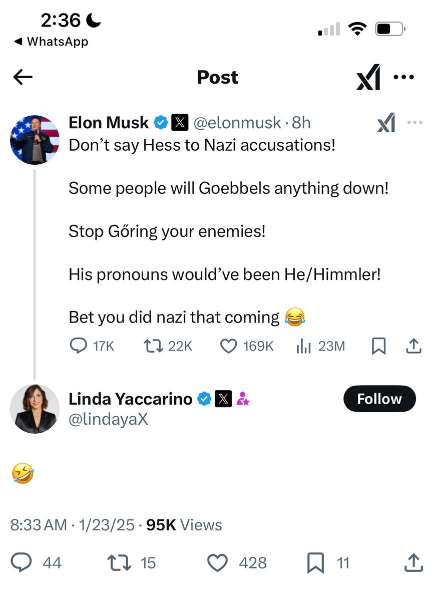Hey Elon fans — your hero and his CEO are now trivializing the Holocaust with puns.

Some of you were curious or unsure about “the context” of his salute.  Well…amidst all that talk he is adding his own context.