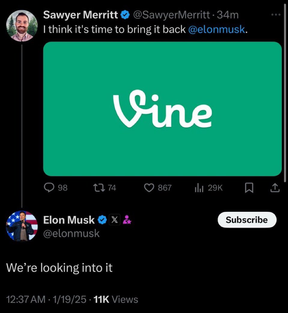 $vine is going to $1b+ market cap (real) 

just 3 days ago elon replied to a tweet to bring back vine  “we’re looking into it” 

coincidence? i think not… 

this is why 🧵🧵🧵: