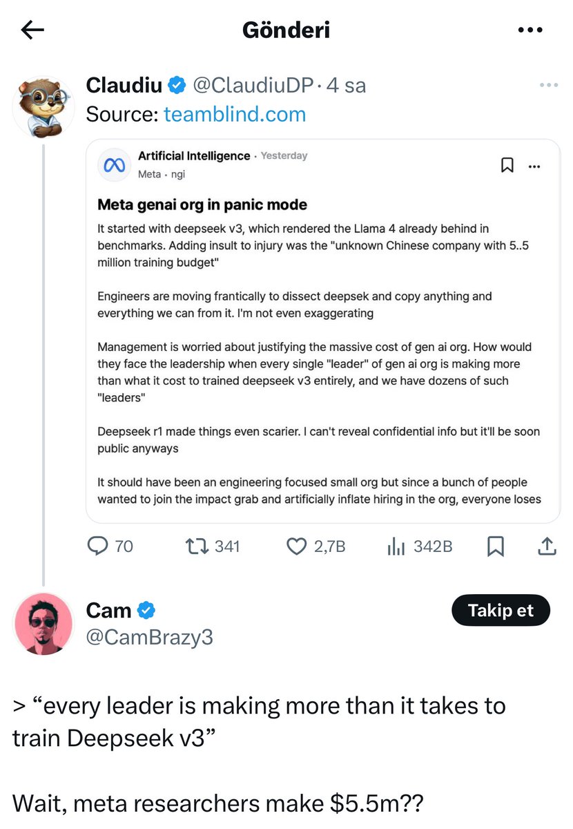Deepseek’in 6 milyon $’a harika modeller eğittiği evrende Meta GenAI organizasyonundaki her bir lider (muhtemelen VP veya Direktör seviyesi) yıllık 10 milyon $’ın üzerinde kazanıyormuş :) Geçmiş olsun Zuck :) Umarım 180 derece dönerek büyüttüğün Trump aşkın işe yarar :)