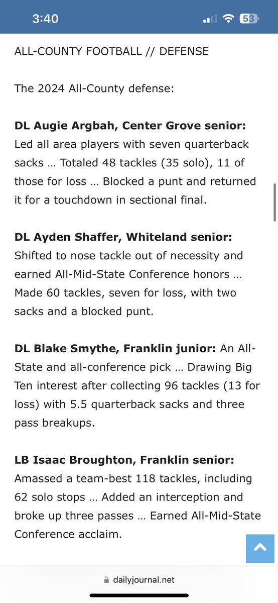 IsaacBroughtonX's tweet photo. 1st of 4 Linebackers to be named All county this year 🔥 (Johnson county Indiana)
118 tackles (62 solo) ��� 
1 INT 3 PBUS 
Plenty of TFLS but were not recorded
@antoinecook_9 @ZachATDurrett @Nik_thetrick32 https://t.co/KzLCIajsyd