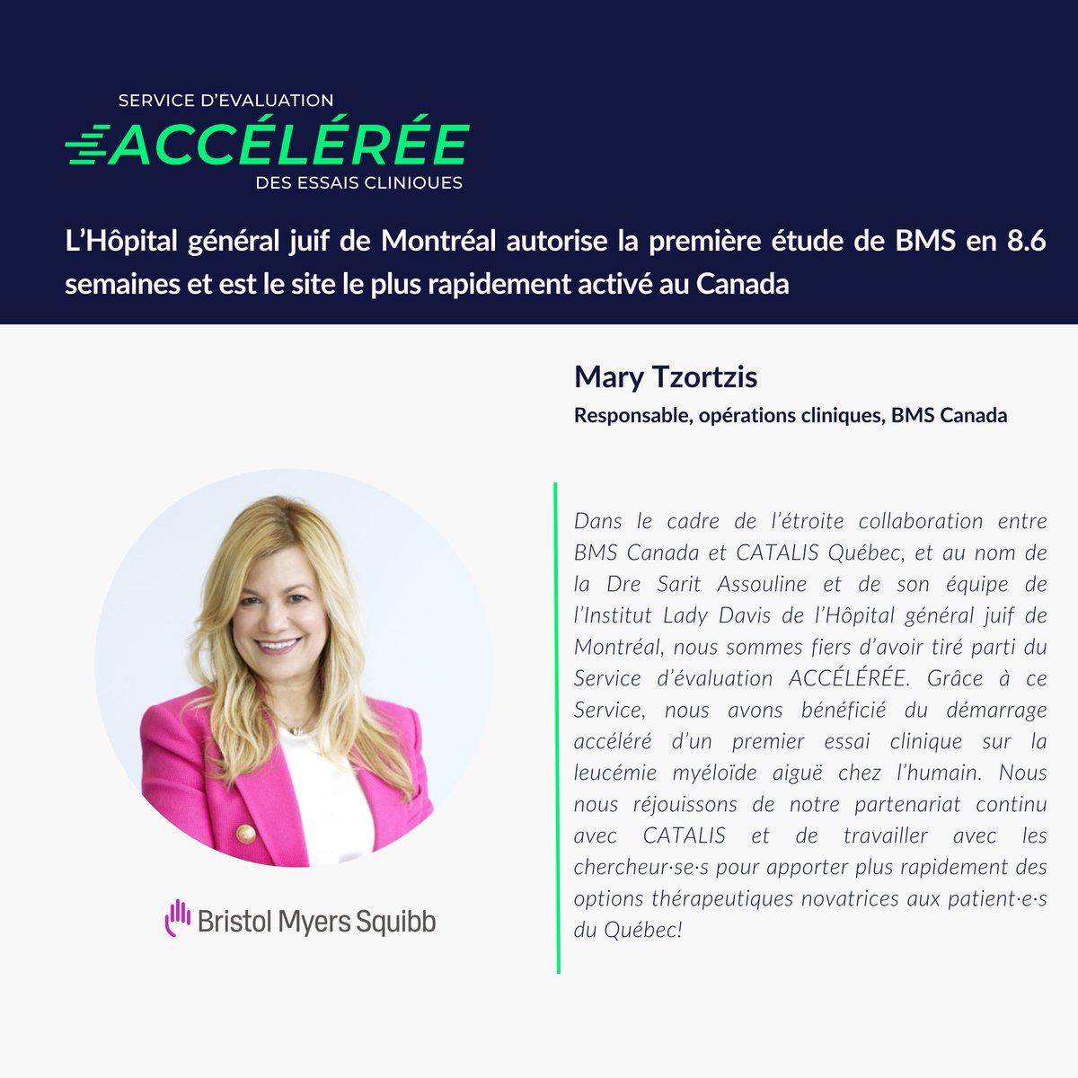 catalisquebec's tweet photo. @bmsnews a utilisé pour la première fois le Service d’évaluation #ACCÉLÉRÉE de #CATALIS pour autoriser une étude sur la leucémie myéloïde aiguë #LMA et le syndrome myélodysplasique #SMD. L’#HGJ devient le 1er site actif au Canada et le 2e mondial : https://t.co/brSba5iNzB https://t.co/hK5GBxFcX1