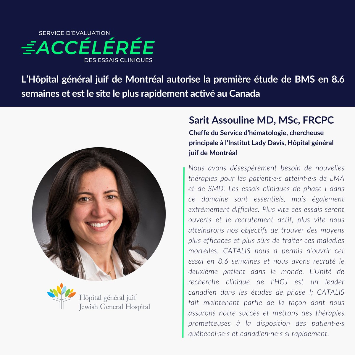 catalisquebec's tweet photo. @bmsnews a utilisé pour la première fois le Service d’évaluation #ACCÉLÉRÉE de #CATALIS pour autoriser une étude sur la leucémie myéloïde aiguë #LMA et le syndrome myélodysplasique #SMD. L’#HGJ devient le 1er site actif au Canada et le 2e mondial : https://t.co/brSba5iNzB https://t.co/hK5GBxFcX1