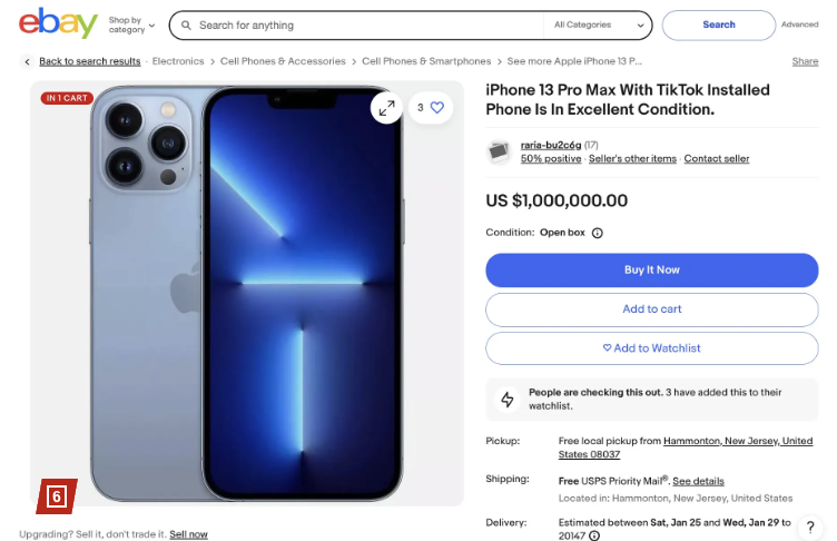 unusual_whales's tweet photo. iPhones, $AAPL, with TikTok still installed are listing for up to $1 million on eBay, $EBAY. https://t.co/k7Xu1vd8NA