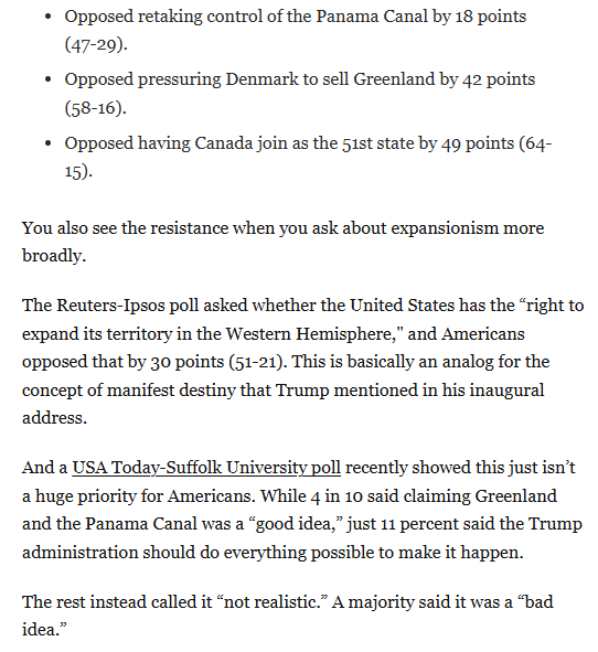Americans oppose:

-trying to take the Panama Canal by 9-18 points
-trying to take Greenland by 19-42 points
-making Canada the 51st state by 42-49 points
-changing the Gulf of Mexico to the "Gulf of America" by 31 points